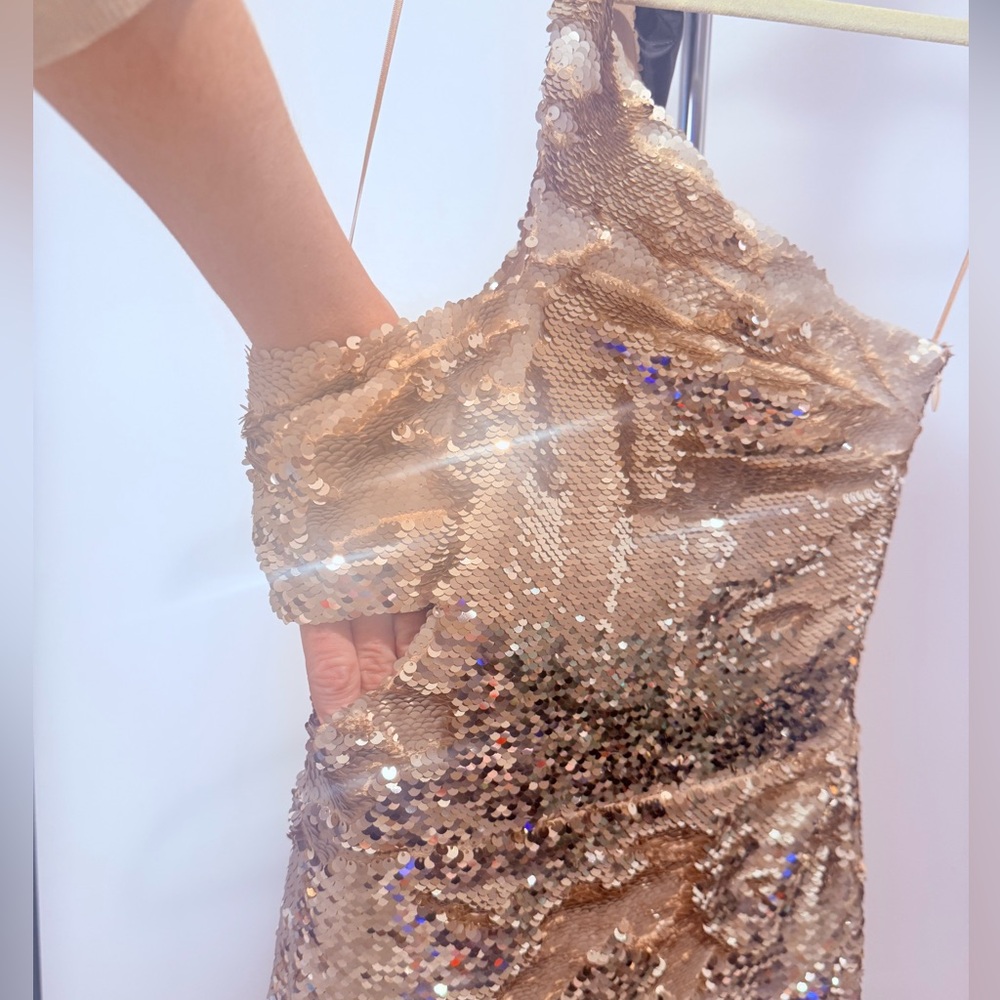Amanda Uprichard Gold Sequin One Shoulder Cut-Out Maxi Dress NWT - Picture 9 of 9